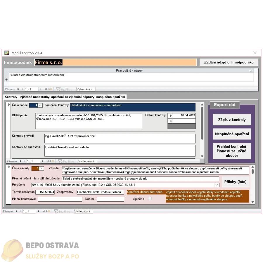 Modul Kontroly BOZP 2024 - vstupní formulář